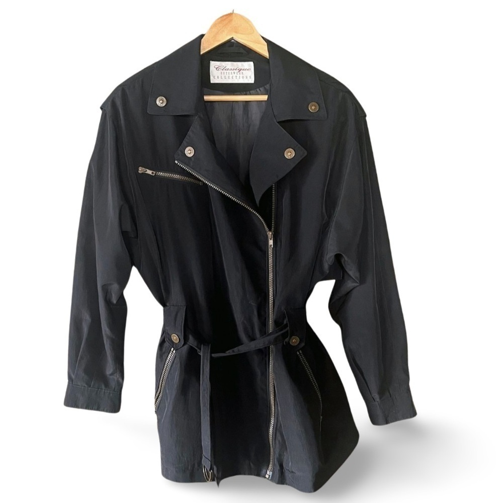 90s Vintage Black Nylon Short Trench Coat Belted Asymmetric Zip Size Medium
